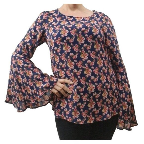 Avital Womens BOHO Dark Fairy Top Small Navy Ditsy Floral Bell Sleeve Casual NWT - Picture 1 of 4